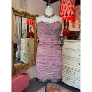 BCBG ruched strapless bandage dress gathered iridescent plum hourglass body con
